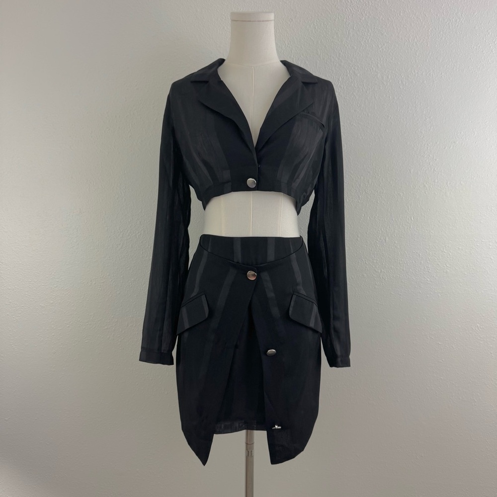 FOREVER 21 Black Semi Sheer Pinstripe Office Siren Cropped Two Piece Top & Skirt